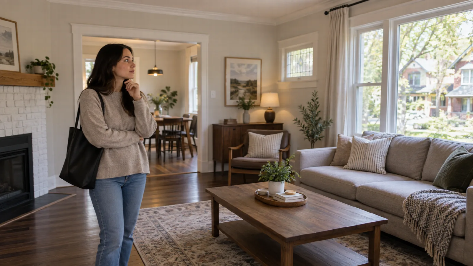 Thoughtful prospective buyer pausing in a beautifully staged home
