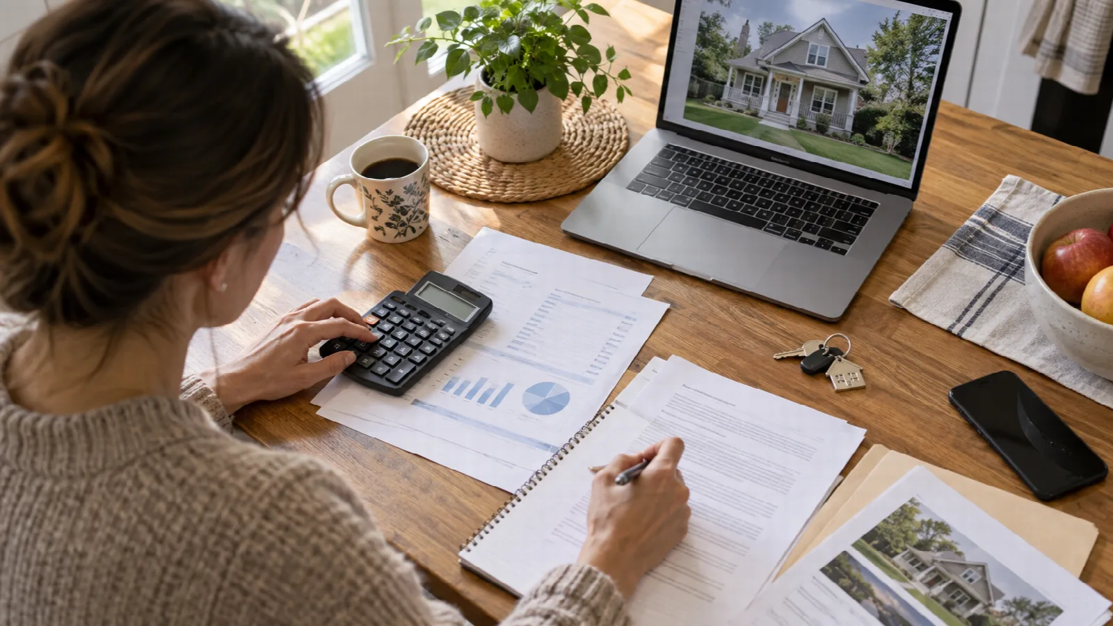 Buyer reviewing home purchase expenses at a kitchen table