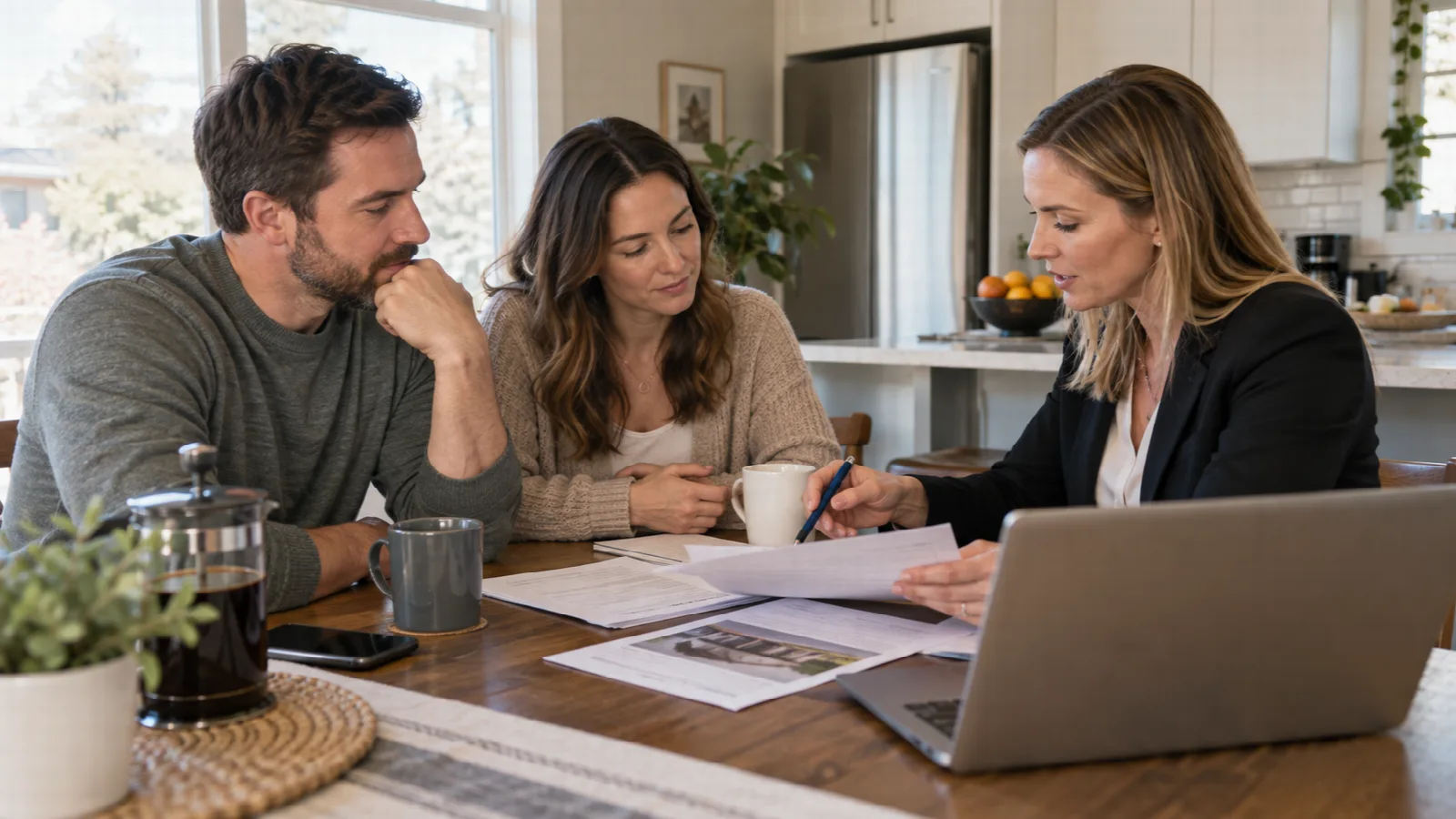 Couple discussing a possible home purchase at a kitchen table